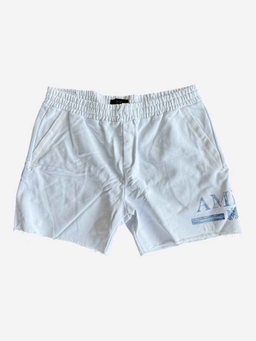 Amiri White & Blue MA Watercolor Bar Logo Shorts